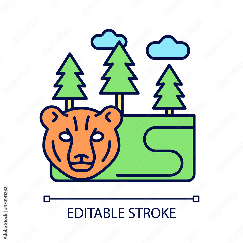 Boreal forest RGB color icon. Taiga. Forest with evergreen trees. Pine ...