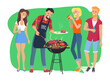 Barbecue party and people, smiling men and women, enjoying barbecue party, drinking and eating meal vector illustration isolated on white background
