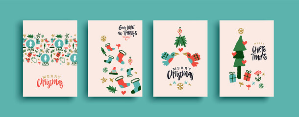 Merry Christmas Happy New Year holiday greeting card set. Cute winter doodle decoration in retro style for party invitation or xmas event.