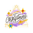 © 1emonkey - Merry Christmas text decorated with hand drawn lettering with gold stars. Greeting card design element. Vector typography.