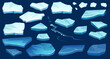 Atlantic, antarctic floes, glaciers and icebergs floating on surface. Set of isolated masses of cracked ice. Global warming, climate change. Frozen blue water. View from above.