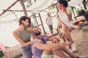 Poster - Photo of pretty sweet young friends wear casual clothes talking laughing smiling outside countryside