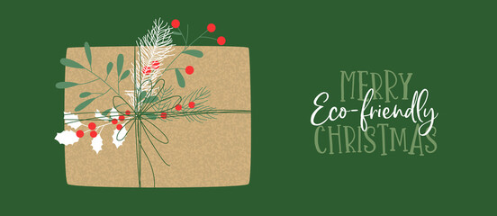 Fototapete - Merry Christmas green recycled paper gift card
