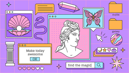 Abstract old aesthetic groovy background. Linear vaporwave retro desktop wallpaper. Modern vintage comics illustrations. Trendy, nostalgic, colorful style 70s, 80s, 90s. Posters, social media posts.