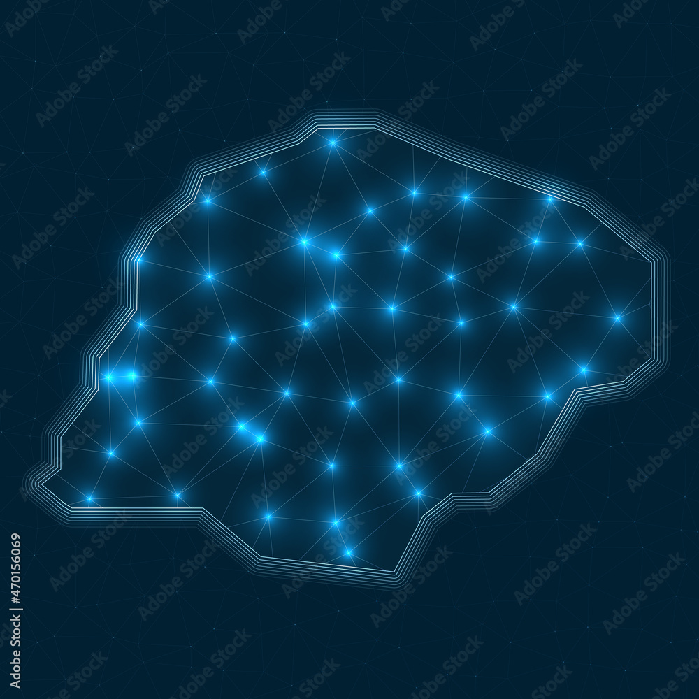 Inisheer network map. Abstract geometric map of the island. Digital connections and telecommunication design. Glowing internet network. Powerful vector illustration.