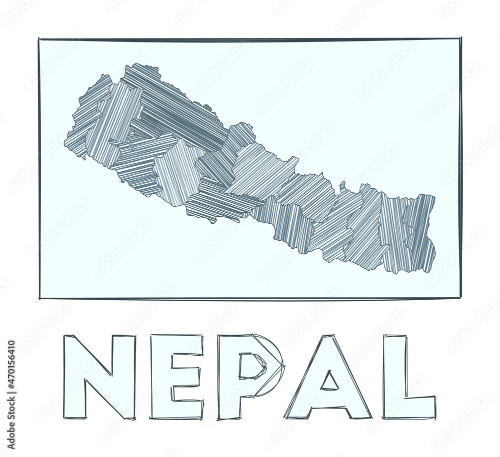 Grayscale hand-drawn map of Nepal. Filled regions with hachure stripes ...