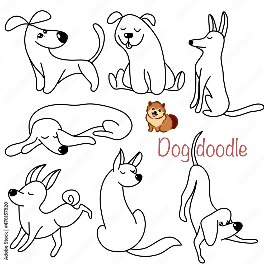 Doodle Cartoon dog illustration set in different poses. Cute sitting ...