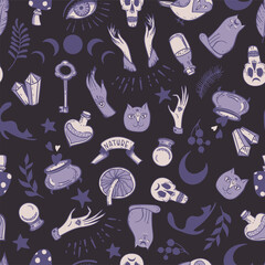 Witchcraft seamless pattern with woman hands, skull and moon. Celestial texture. 