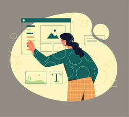 Wall Mural - business activities concept. female designer develops website page. young woman character creates st