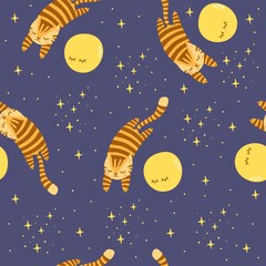 Wall Mural - Seamless vector pattern on a dark background. A sleeping tiger flies in space next to the moon. Pattern for children's clothing. Animal child illustration