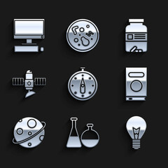 Wall Mural - Set Compass, Test tube and flask chemical laboratory, Light bulb with concept of idea, Book, Planet, Satellite, Medicine bottle pills and Computer monitor keyboard mouse icon. Vector