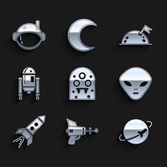 Sticker - Set Alien, Ray gun, Planet, Rocket ship with fire, Robot, flag and Astronaut helmet icon. Vector