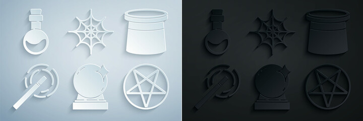 Poster - Set Magic ball, Magician hat, wand, Pentagram in circle, Spider web and Bottle with love potion icon. Vector