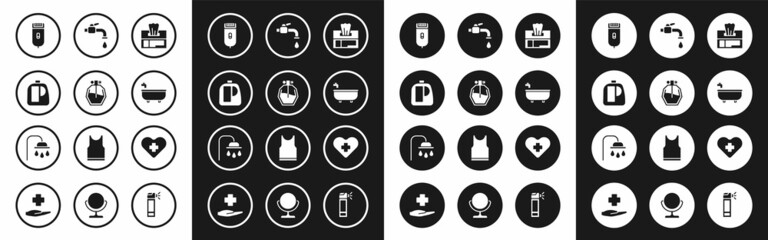 Sticker - Set Wet wipe pack, Perfume, Bottles for cleaning agent, Electrical hair clipper shaver, Bathtub, Water tap, Heart with cross and Shower head icon. Vector