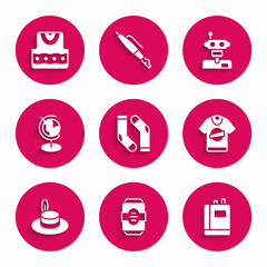 Poster - Set Socks, Energy drink, Book, T-shirt, Man hat, Earth globe, Robot and Waistcoat icon. Vector