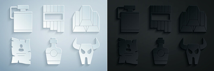 Poster - Set Tequila bottle, Gold bars, Wanted western poster, Buffalo skull, Pan flute and Canteen water icon. Vector