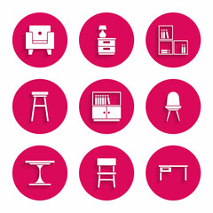 Sticker - Set Library bookshelf, Chair, Office desk, Round table, Shelf with and Armchair icon. Vector