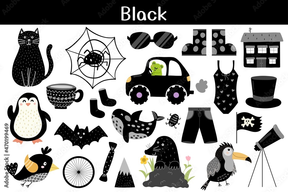 Black color objects set. Learning colors for kids. Cute elements ...