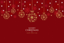 Festive Red Holiday Background With Golden Balls Decorations And Snowflakes. Merry Christmas Card, Banner.