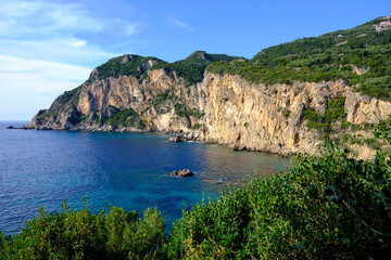 Poster - Beach with stone walls at Paleokastritsa, Corfu Island, Greece