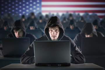 Wall Mural - many american hackers in troll farm. security and cyber crime concept.