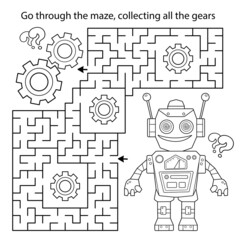 Maze or Labyrinth Game. Puzzle. Coloring Page Outline Of cartoon robot with gears. Coloring book for kids.
