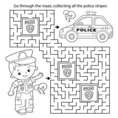 Sticker - Maze or Labyrinth Game. Puzzle. Coloring Page Outline Of cartoon policeman with car. Profession - police. Coloring book for kids.