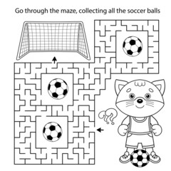 Maze or Labyrinth Game. Puzzle. Coloring Page Outline Of cartoon cat with soccer ball. Football. Sport activity. Coloring book for kids.