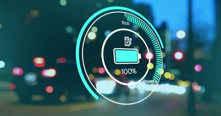 Wall Mural - animation of changing charge status data on electric vehicle interface, over city at night