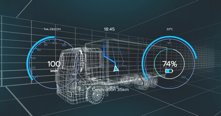 Wall Mural - animation of speedometer, gps and charge status data on vehicle interface, over 3d truck model