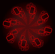 Red Blog Message Icon Swirl Burst Petals Fireworks Composition On Red Dark Gradient Background. Rotation Burst Designed From Red Random Blog Message Items.