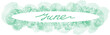 © Andrei - Summer calligraphy line art lettering. Green one line hand drawing of a June month in an oval frame with leaves and flowers and watercolor blots on white background