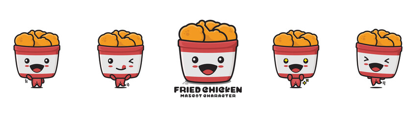 mascot illustration of fried chicken in a bucket. with different facial expressions and poses