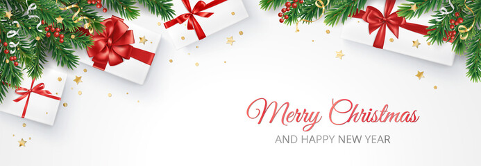 christmas banner with decorated fir tree branches and presents on white background. gift boxes with 