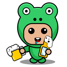 Vector Cartoon Character Mascot Costume Amphibious Animal Cute Frog Drinking Beer