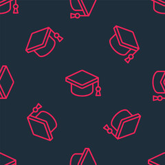 Wall Mural - Red line Graduation cap icon isolated seamless pattern on black background. Graduation hat with tassel icon. Vector