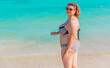 Plus size American woman at beach, enjoy the life. Life of people xxl size, happy nice natural beauty woman
