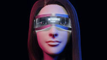 3D Rendering Of Computer Generated Female Wearing VR Goggle Showing Status Of Loading Into Virtual Metaverse System. Concept Of Virtual Parallel Universe