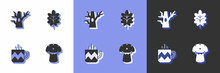 Set Mushroom, Bare Tree, Cup Of Tea And Leaf Icon. Vector