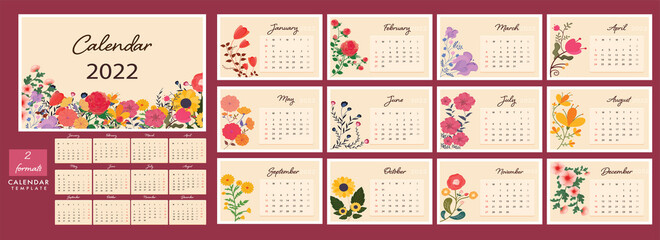 Sticker - Complete Set Of 12 Months Yearly Floral Calendar Design In Two Formats.