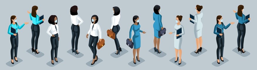 Wall Mural - isometry is a business woman. 3d women, front and back view, maintain social distance during epidemi