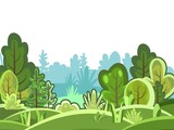 Fototapeta Na ścianę - Flat forest. Illustration in a simple symbolic style. Funny green rural landscape. Comic design. Wild thickets. Cute scene with trees. Isolated Cartoon Vector