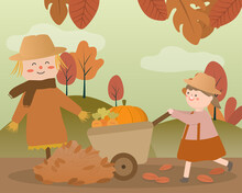 Lovely Girl Use A Cart With Pumpkin And Scarecrow