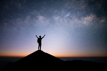 Wall Mural - Young traveler and backpacker standing and open arm watched the star and milky way alone on top of the mountain. He enjoyed traveling and was successful when he reached the summit.