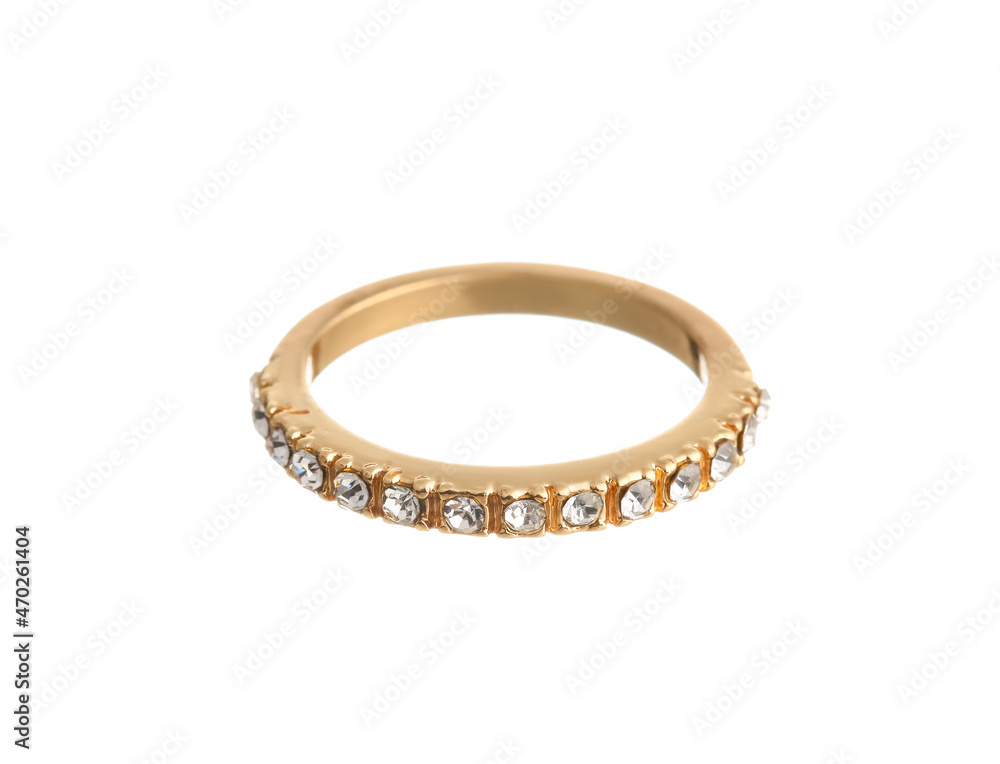 Stylish golden ring with gems on white background