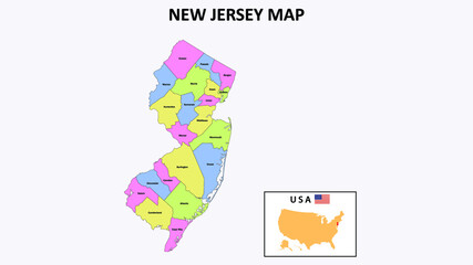 Sticker - New Jersey Map. District map of New Jersey. District map of New Jersey in color with capital.