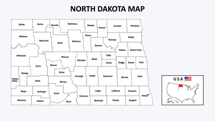 Sticker - North Dakota Map. State and district map of North Dakota. Administrative map of North Dakota with district and capital in white color.