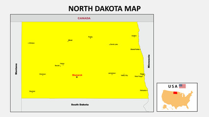  North Dakota Map. State and district map of North Dakota. Political map of North Dakota with the major district