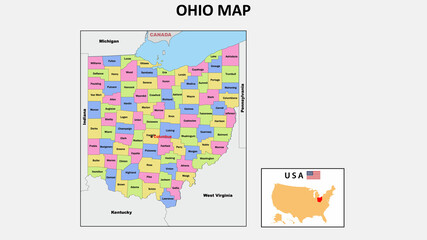 Poster - Ohio Map. State and district map of Ohio. Political map of Ohio with neighboring countries and borders.