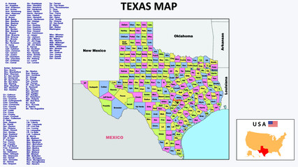  Texas Map. State and district map of Texas. Political map of Texas with neighboring countries and borders.